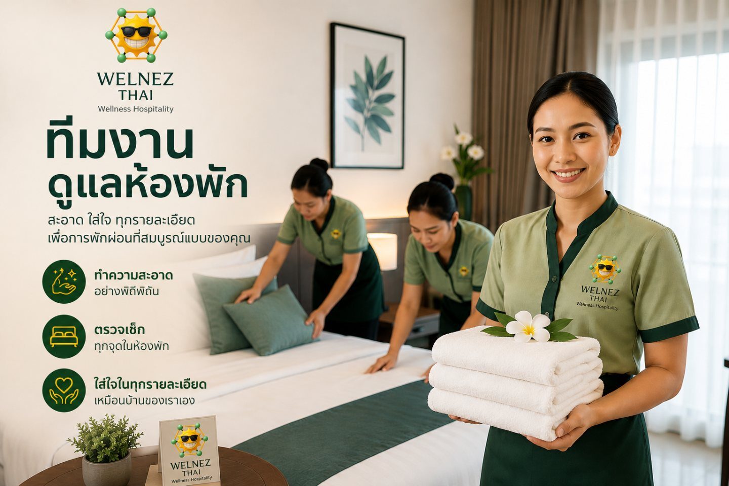 ทีมงานดูแลห้องพัก — ทำความสะอาดและอบโอโซนทุกห้องก่อนเข้าพัก